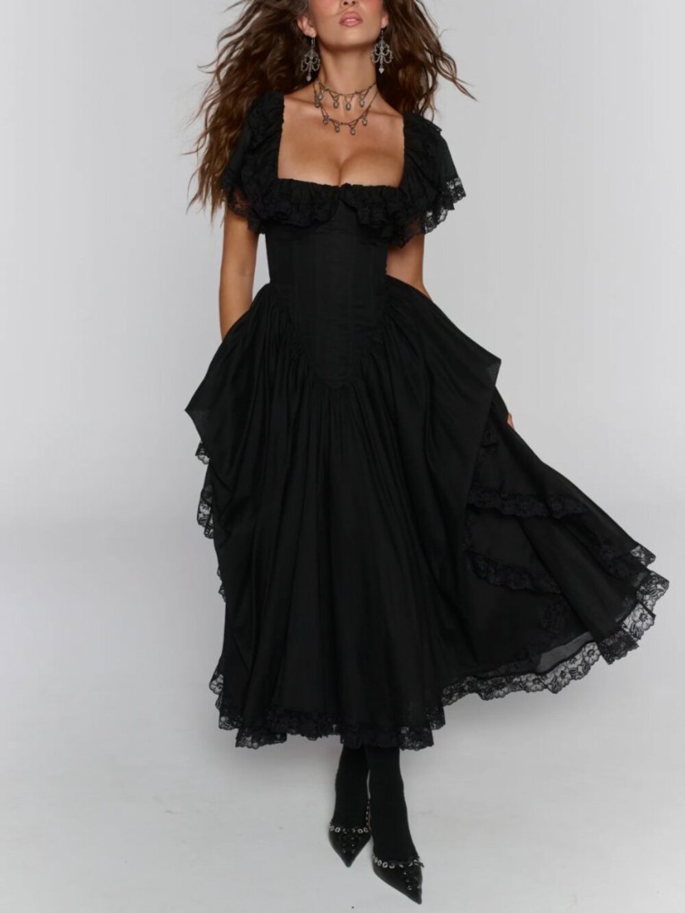 Selkie The Caviar Cupid Midi Dress Medium Black Noir - Picture 2 of 10